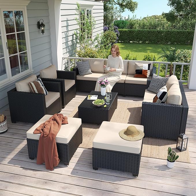 Aoxun 9 Piece Outdoor Patio Furniture Set 8 Seats, Outdoor Sectional with Thick Waterproof Cushions & Storage Coffee Table, Patio Conversation Sets for Garden,Backyard, Porch, Balcony, Deck, Beige