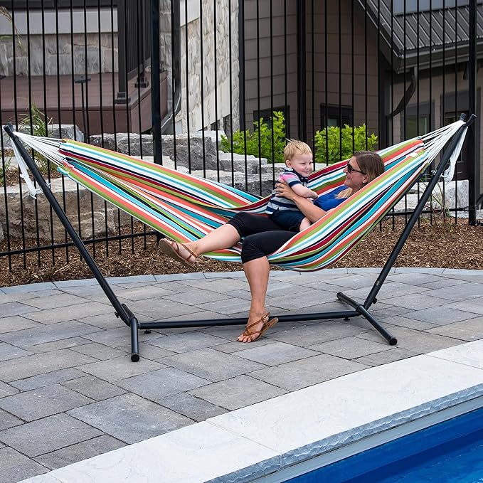 Vivere Double Sunbrella Hammock with Space-Saving Steel Stand, Heavy-Duty Portable Outdoor Hammock Set for Backyard, Patio, or Travel, Confetti