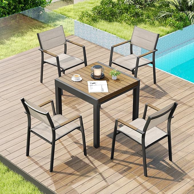 5 Pieces Expandable Patio Dining Set, Never-Rust Aluminum Outdoor Dining Table Set, 32"-65" Extendable Dining Table and Stackable Textilene Dining Chairs for Garden, Deck, Indoor, Teak