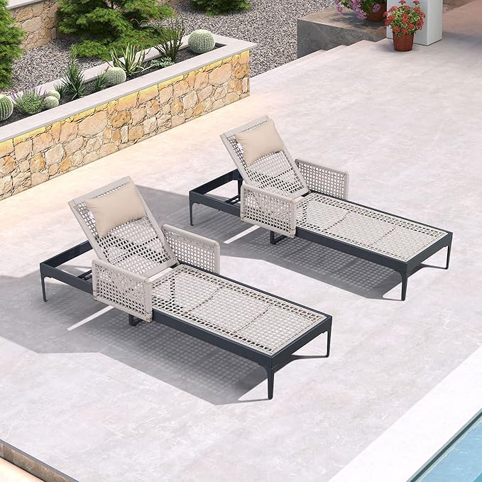 PURPLE LEAF 3 Pieces Outdoor Chaise Lounge Set Rattan Wicker Lounger with Arms Poolside Furniture Adjustable Recliners Patio Lounge Chairs for Beach Yard Garden Balcony, Dark Grey