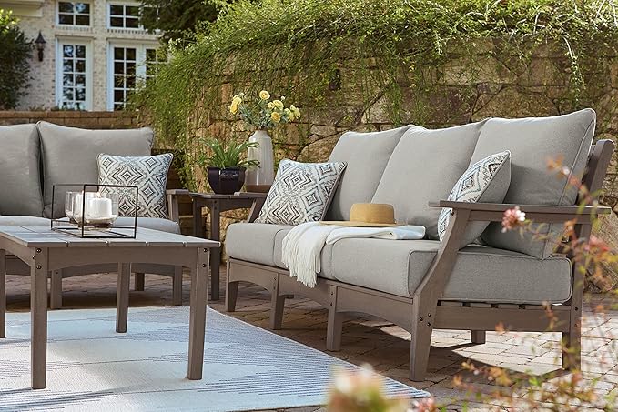 Signature Design by Ashley Visola Outdoor Patio Sofa with All-Weather Cushion and 2 Throw Pillows, Cleanable Performance Fabric, 19.88" Seat Height, Gray