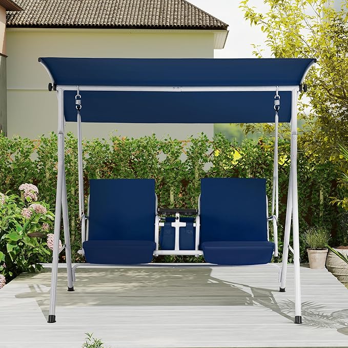 HOMREST 2 Seat Outdoor Porch Swing,Patio Swing with Adjustable Canopy,Heavy Duty 650 LBS Outdoor Swing with Pivot Storage Table & 2 Cup Holders & Cushions for Yard, Lawn, Backyard, (Navy Blue)