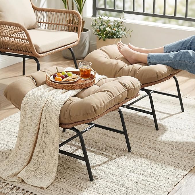 NICESOUL Indoor Outdoor Ottoman Set of 2, Large Wide Double Patio Footstool, PE Rattan Thicken Cushioned Footrest, All-Weather Wicker Furniture for Balcony, Porch, Living Room, Egg Chair, Brown