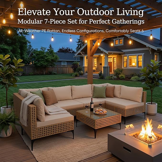 Devoko Patio Furniture Set 7 Piece Outdoor Sectional Sofa Hollow Rattan Patio Seating Sofa with Coffee Table & Ottoman for Deck, Porch, Poolside