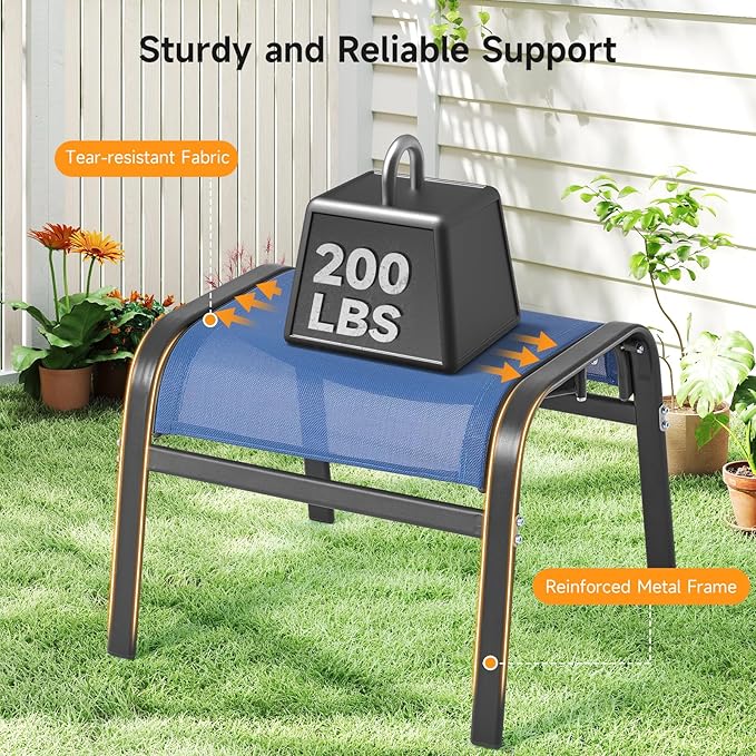 ONBRILL Outdoor Ottoman Set of 2, All Weather Outdoor Foot Stool with Supportive Textliene and Metal Frame, Stackable Oversized Outdoor Foot Rest for Furniture Patio Garden Pool, Blue