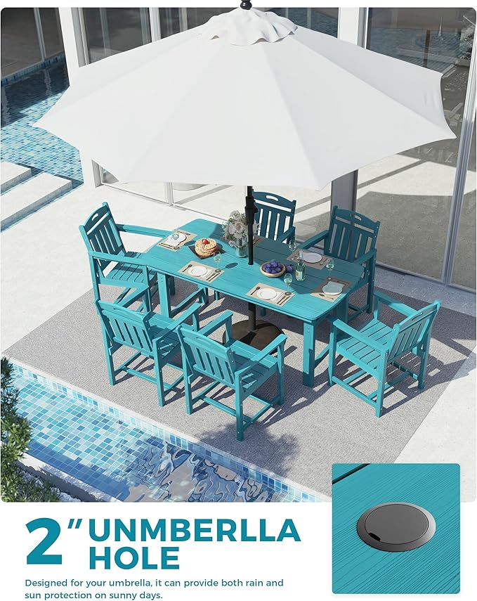 Ciokea HDPE Outdoor Dining Set, 7-Piece Patio Table and Chairs Set with Umbrella Hole, All-Weather Patio Dining Sets for 6, Durable Patio Furniture for Backyard, Garden, Lawn & Poolside, Lake Blue