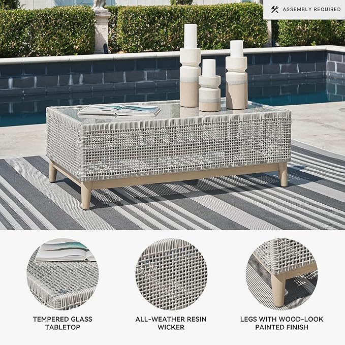 Signature Design by Ashley Seton Creek Casual Resin Wicker Outdoor Coffee Table with Tempered Glass Tabletop, Light Gray & Light Brown