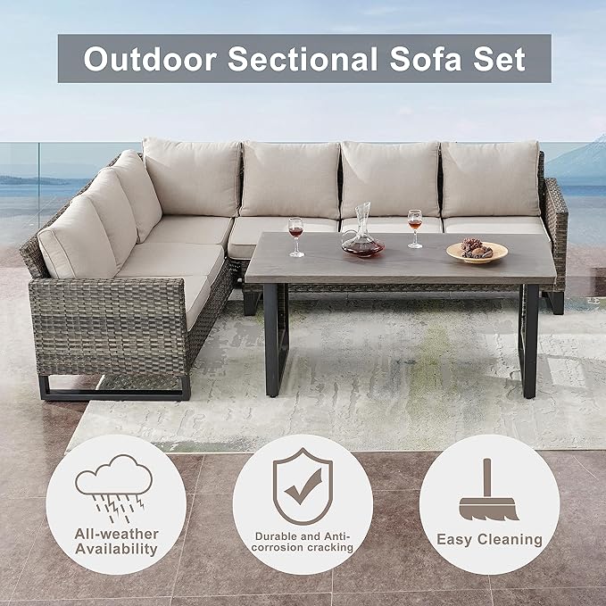 Belord Outdoor Sectional Sofa 6 Seater L Shaped Couch Wicker Patio Conversation Furniture Set Rattan Outdoor Furniture with Removable Washable Cushion Beige