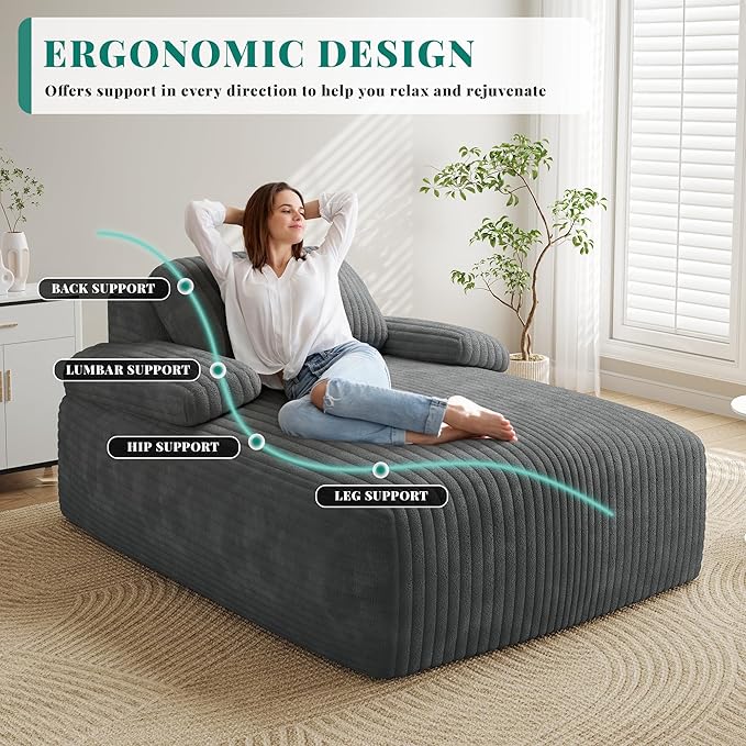 YITAHOME 67"L x 48"W Chaise Lounge Chair Indoor, Oversized Corduroy Upholstered Boneless Sofa Bed, Deep-Seat Sleeper Couch, Reading Chair, Cloud Sofa Couch for Living Room, No Assembly Required, Grey