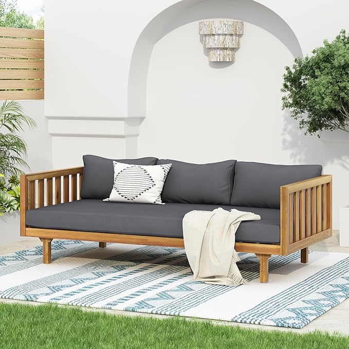 Christopher Knight Home Claremont Patio Sofa and Coffee Table Set, 2 Piece Outdoor Patio Furniture Set with Cushion, Acacia Wood 3 Seater Outdoor Sofa Daybed and Coffee Table Set, Teak+Dark Grey
