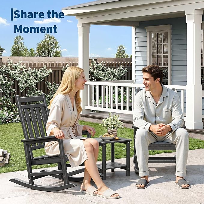 Rocking Chair Outdoor Set of 2 - HDPE Poly High Back Porch Rocker Chairs for Adults - All Weather Resistant Furniture for Patio Front Porch - Black