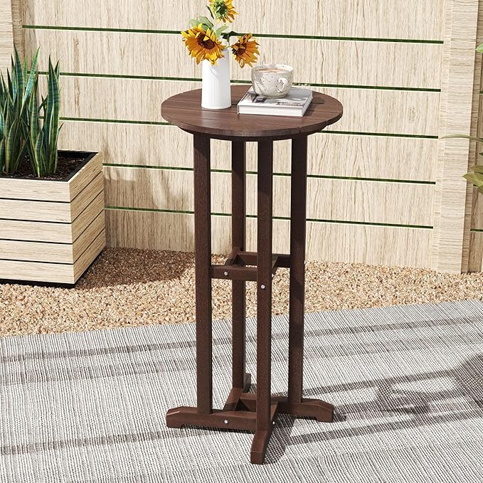 Tangkula 21.5" Round Bar Table, Patio HDPE Bar Height Dining Table w/Slatted Tabletop, Outdoor All-Weather High-Top Bistro Table for Poolside, Backyard, Balcony (Brown)