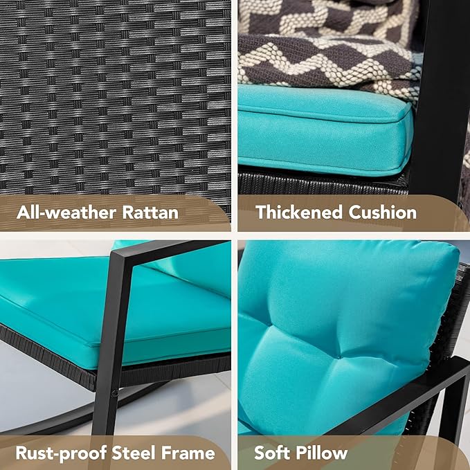Devoko 3 Piece Rocking Bistro Set Wicker Patio Outdoor Furniture Porch Chairs Conversation Sets with Glass Coffee Table (Blue)