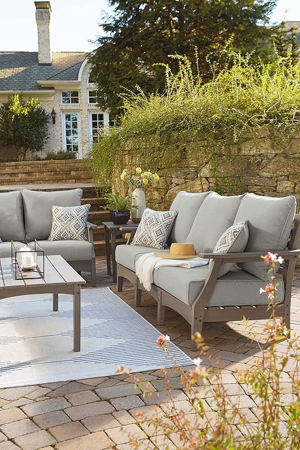 Signature Design by Ashley Visola Outdoor Patio Sofa with All-Weather Cushion and 2 Throw Pillows, Cleanable Performance Fabric, 19.88" Seat Height, Gray