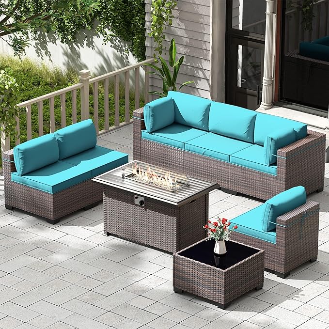 Kullavik 8 Pieces Outdoor Patio Furniture Set,Sectional Sofa Set with 43" 55000 BTU Gas Propane Fire Pit Table,Brown PE Rattan Wicker Patio Conversation Set,Turquoise Blue