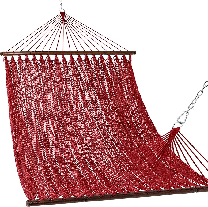 Lazy Daze Hammocks 10.5 FT Double 2 Person Caribbean Rope Hammock, Hand Woven Polyester Hammock with Spreader Bars, for Outside Outdoor Backyard Patio Poolside, 450 LBS Capacity, Red