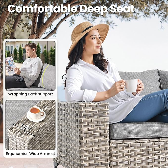 ovios 8-Piece Patio Furniture Set with L-Shape Sofa Chaise, Outdoor Sectional Couch Swivel Gliders Solar Table, Modern Modular Wicker Rattan Conversation Set, Dark Grey