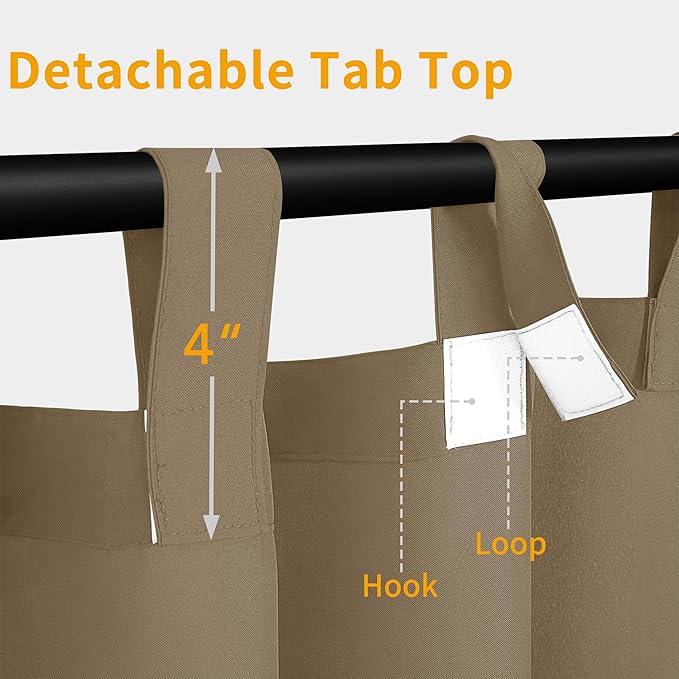 Easy-Going Outdoor Patio Curtains Detachable Tab Top Windproof Weatherproof Curtain for Cabana, Porch, Pergola and Gazebo, Tab Bottom Drape, 2 Panels, 54W x 120L inch, Khaki