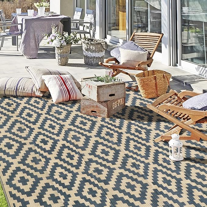 SAND MINE Reversible Mats, Plastic Straw Rug, Modern Area Rug, Large Floor Mat and Rug for Outdoors, RV, Patio, Backyard, Deck, Picnic, Beach, Trailer, Camping (8' x 10', Grey Tan Lattice)