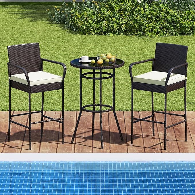 Tangkula 3 Piece Outdoor Bar Set, Patio Rattan Heavy Duty Bar Height Glass Top Table & Chairs w/ 2 Cushioned Barstools, for Porch, Yard, Poolside