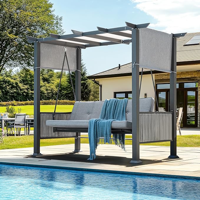 Pamapic 2-in-1 Convertible Porch Swing Bed, 3-Seat Elegant Patio Swing with Wicker Armrests, Outdoor Chair with Adjustable Canopy for Balcony, Garden, and Poolside, Gray