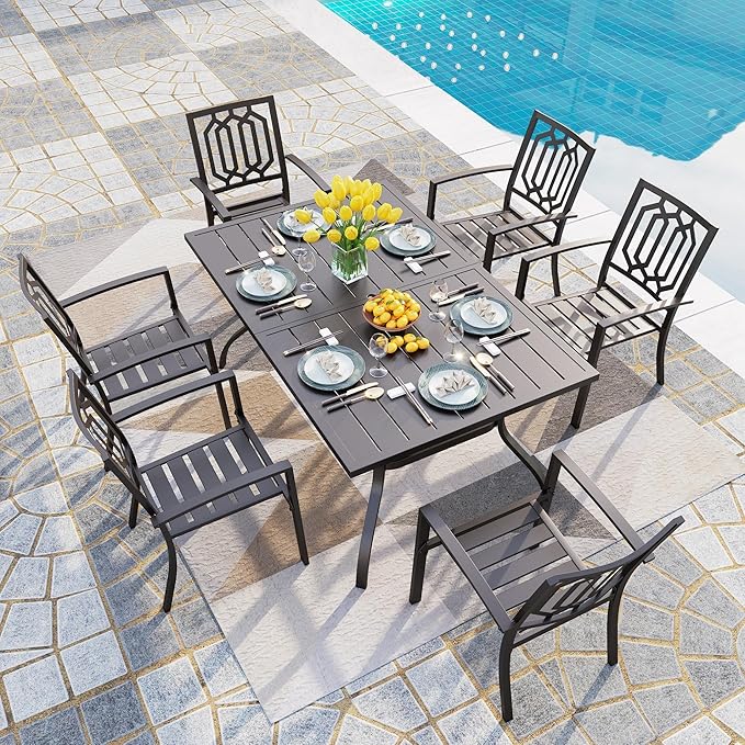 PHI VILLA 7 Piece Outdoor Dining Set for 6, 60” Rectangular Metal Steel Table with Umbrella Hole & Stackable Chairs, Heavy-Duty Furniture Set for Patio, Deck, Yard, Porch - Black