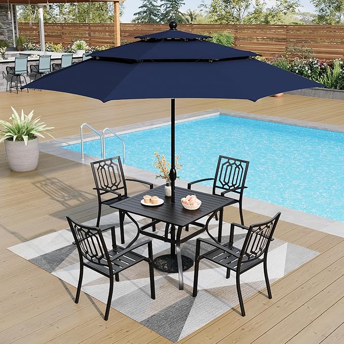 PHI VILLA Patio Dining Set 5 pcs with Umbrella(Navy Blue),1 Square Metal Table& 4 Metal Outdoor Stackable Chairs and 1 10ft 3 Tier Auto-tilt Umbrella (Base Not Included)