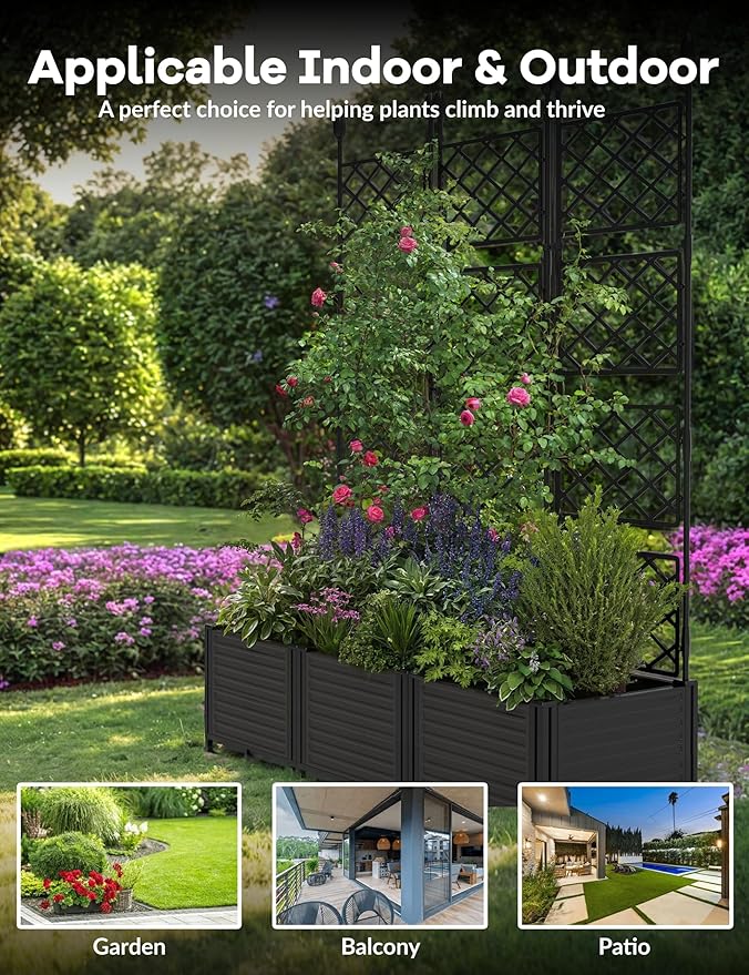 3 PCS Raised Garden Bed with Trellis & Privacy Screen, 50"w x 63"Tall Vertical Garden Planter Box for Climbing Plants - Sturdy Lightweight Outdoor Planter for Vegetables, Flowers on Patio, Balcony