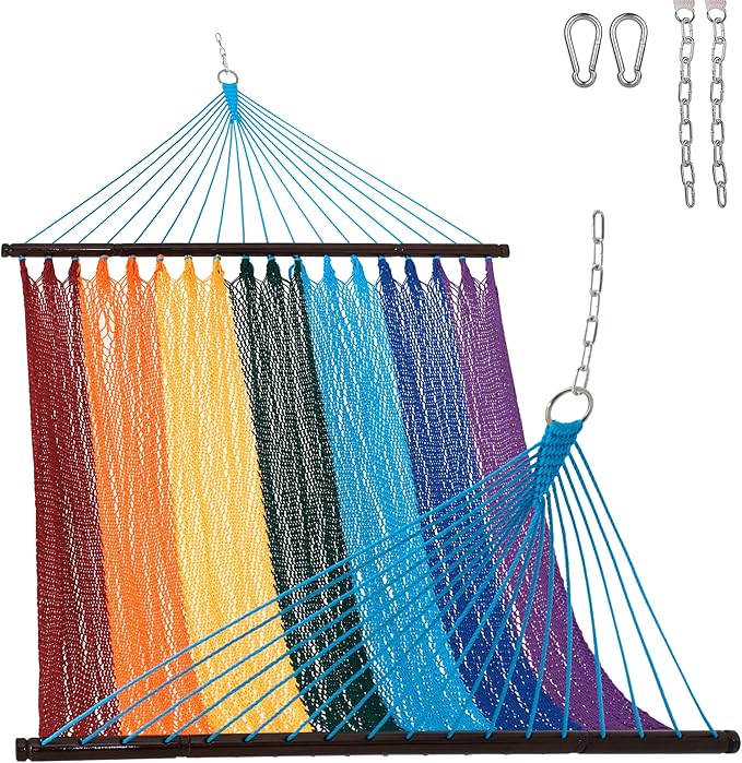 Lazy Daze Hammocks 10.5 FT Double 2 Person Caribbean Rope Hammock, Hand Woven Polyester Hammock with Spreader Bars, for Outside Outdoor Backyard Patio Poolside, 450 LBS Capacity, Rainbow