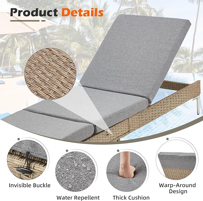 HOMREST Outdoor Chaise Lounge Chair, Patio Wicker Recliner with Pneumatic Adjustable Backrest, Rattan Pool Sunbathing Chair Suitable for Poolside & Backyard with Removable Cushion (Grey)