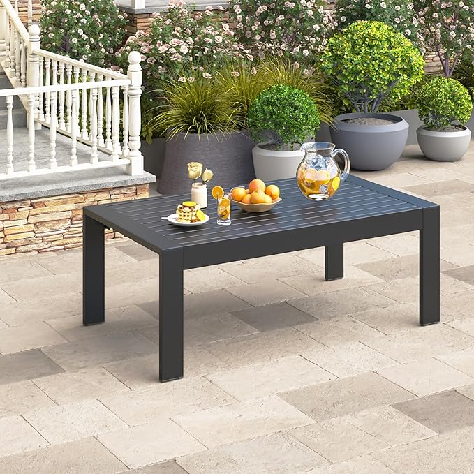 Wisteria Lane Outdoor Furniture Patio Coffee Table, Rectangle Outdoor Coffee Table, All-Weather Patio Metal Coffee Table for Balcony, Garden, Deck, Backyard, Black