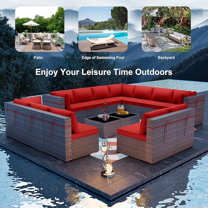 ALAULM Patio Furniture Set with Coffee Table, 14 Pieces Outdoor Sectional with Wide Seat and Thick Cushion, All Weather Wicker Rattan Conversation Set for Backyard, Garden, Deck, Red