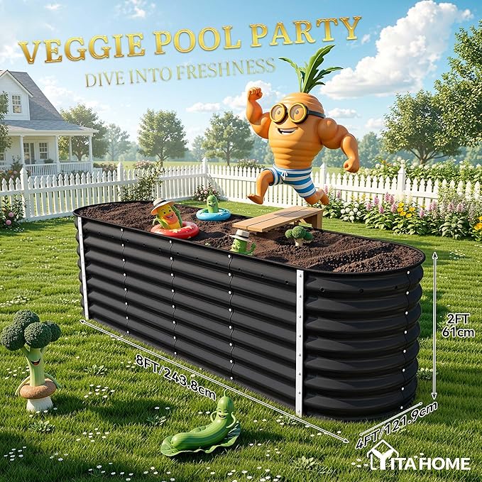 YITAHOME 24" Tall 9 in 1 Raised Garden Bed Kit,96x24 in Large Galvanized Metal Planter Box with Gloves, Safety Rubber & Support Rod, Outdoor Flower Bed for Plants Vegetables Flowers, Black
