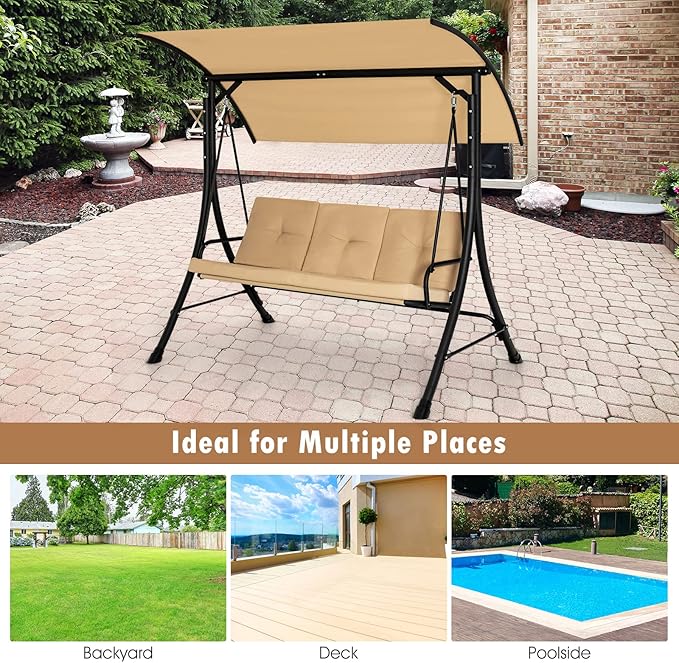 Tangkula 3 Person Porch Swing, Outdoor Swing with Removable Cushions, Solid Steel Structure, Patio Swing with Adjustable Canopy for Garden, Backyard, Balcony, Poolside Beige