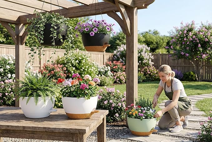 Hanging Planters, 3-Pack 10 Inch Self-Watering Pots with Drainage Holes and Chains, Matte Plastic Planters for Indoor/Outdoor Plant（Black）