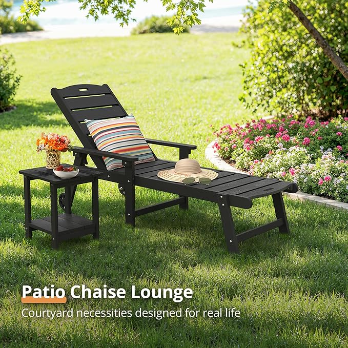 LUE BONA Chaise Lounge Chair with Table, 6-Piece, HDPS Chaise Lounger, 5 Positions Adjustable Lounge Chairs, Pool Lounge Chair with Wheels for Poolside, Backyard, Black