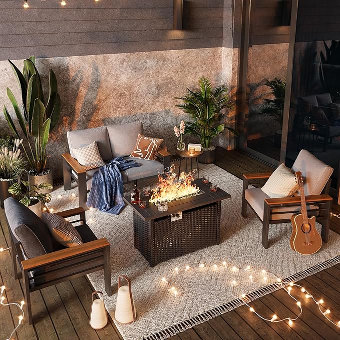 Aoxun Aluminum Outdoor Patio Furniture Set, 5-Piece Outdoor Sectional with 44'' Propane Gas Firepit Table, Patio Conversation Sets with Upgraded Armrests and Cushions for Backyard (Grey,4 Seats)