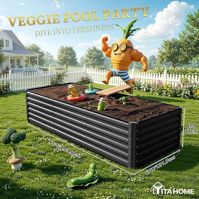 YITAHOME 6pcs 8x4x2 ft Galvanized Raised Garden Bed Kit, Large Metal Planter Box with Gloves, Safety Rubber & Support Rod, Outdoor Flower Bed for Plants Vegetables, Black