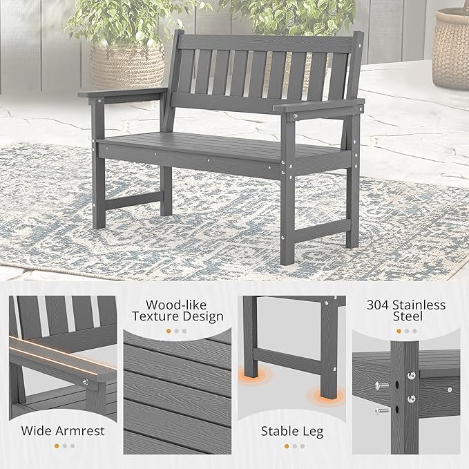 LUE BONA Outdoor Bench, 2-Person HDPS Garden Bench, Outdoor Benches Weatherproof, All-Weather Fade/Rot Resistant Patio Bench for Park, Front Porch, Backyard (Dark Gray)