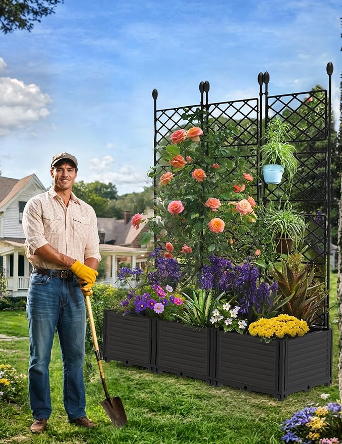 3 PCS Raised Garden Bed with Trellis & Privacy Screen, 50"w x 63"Tall Vertical Garden Planter Box for Climbing Plants - Sturdy Lightweight Outdoor Planter for Vegetables, Flowers on Patio, Balcony
