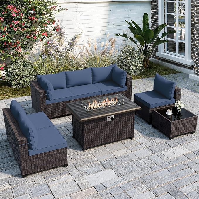 ALAULM Patio Furniture Set with Fire Pit Table 55000 BTU, Outdoor Sectional with Wide Seat and Thick Cushion, 8 Piece Wicker Rattan Conversation Set with Coffee Table for Garden, Deck,NavyBlue