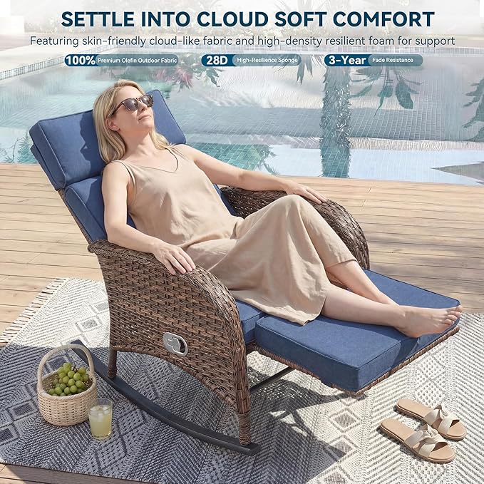 Zero Gravity Patio Rocking Wicker Recliner Chairs Set of 2- Wicker Outdoor Lounge Chair with Adjustable Backrest & Footrest, All Weather Reclining Rocker Chairs with Thick Cushion for Pool Deck Blue