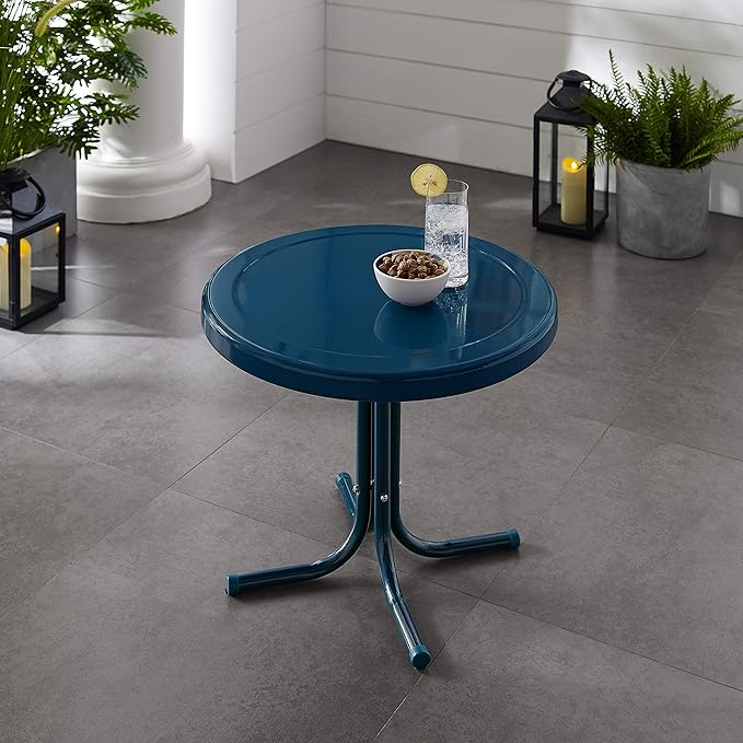 Crosley Furniture Griffith Weather Resistant Retro Metal Outdoor Side Table for Patio, Deck, Porch, Navy