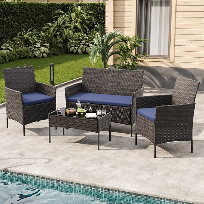 GAOMON 4-Piece Patio Furniture Set, Modern PE Rattan Conversation Set with 2 Chairs, Loveseat & Tempered Glass Coffee Table, All-Weather Outdoor Seating for Garden, Porch, Balcony, Poolside