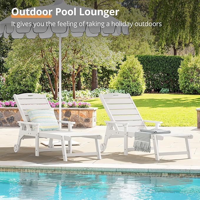 LUE BONA Chaise Lounge Chair with Table, 3-Piece, HDPS Chaise Lounger, 5 Positions Adjustable Lounge Chairs, Pool Lounge Chair with Wheels for Poolside, Backyard, White