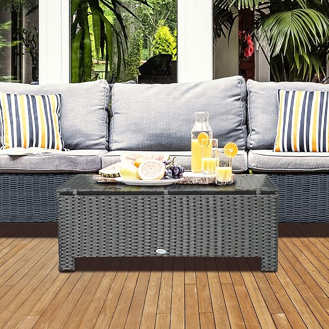 Outsunny Patio Furniture, Wicker Coffee Table, Hand-Woven PE Rattan Side Table with a Tempered Glass Top, 33.5" x 19.75", Black