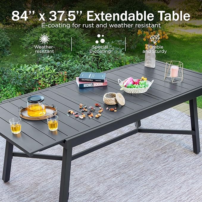PHI VILLA 9 Pieces Outdoor Dining Set for 8, 84" Long Expandable Wrought Iron Table & Stackable Metal Chairs, Large Furniture Set for Patio, Deck, Yard, Porch - Black
