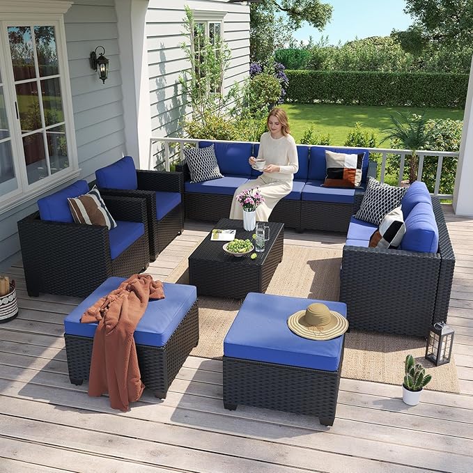 Aoxun 9 Piece Outdoor Patio Furniture Set 8 Seats, Outdoor Sectional with Thick Waterproof Cushions & Storage Coffee Table, Patio Conversation Sets for Garden,Backyard, Porch, Balcony, Deck, Blue