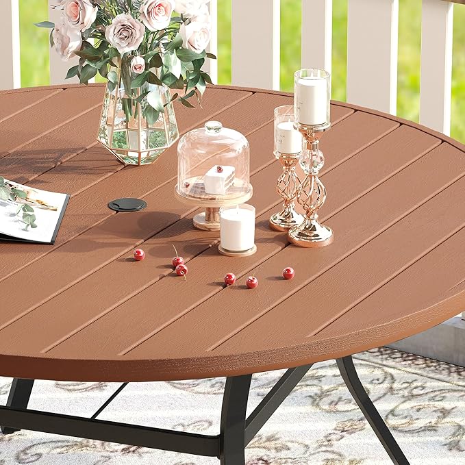 VICLLAX 50" Outdoor Round Patio Table with Umbrella Hole, All Weather Metal Round Outdoor Dining Table for Lawn Garden, 6-8 Person Table, Walnut Wood Grain