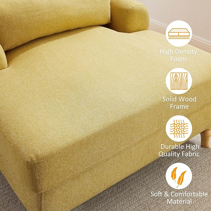 Modern Chaise Lounge Chair with Adjustable Backrest, Upholstered Indoor Leisure Sofa Recliner, Oversized Accent Chair Deep Seat Reading Armchair for Living Room, Bedroom, Office, Yellow